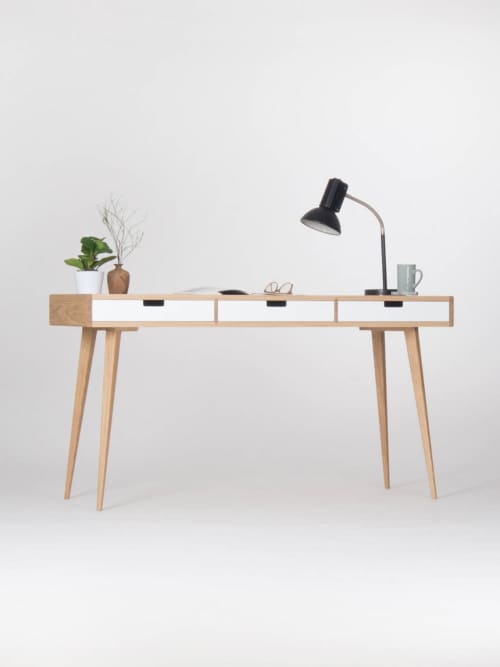 Bureau, study desk, home office desk, with white drawers | Tables by Mo Woodwork. Item made of oak wood works with minimalism & mid century modern style