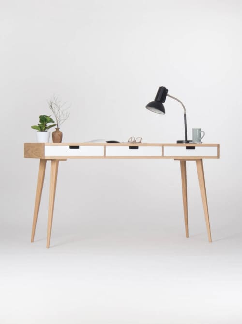 HEIM - Bureau, study desk, home office desk, with white draw | Tables by Mo Woodwork. Item made of oak wood works with minimalism & mid century modern style