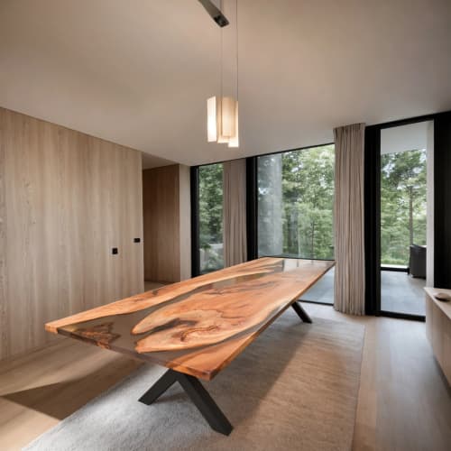 Bespoke Pecan Live Edge River Table with Translucent Resin | Conference Table in Tables by Atlantic Fine Woods. Item composed of wood & steel compatible with contemporary and eclectic & maximalism style