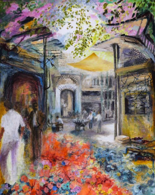 Anatolian Street Market | Oil And Acrylic Painting in Paintings by Sally K. Smith. Item composed of canvas compatible with contemporary and mediterranean style