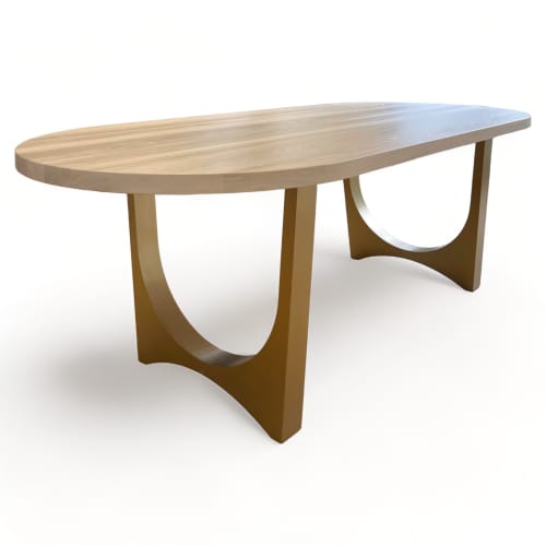 Racetrack Cashmere White Brass Tunnel Table | Dining Table in Tables by YJ Interiors. Item composed of wood & brass compatible with mid century modern and contemporary style