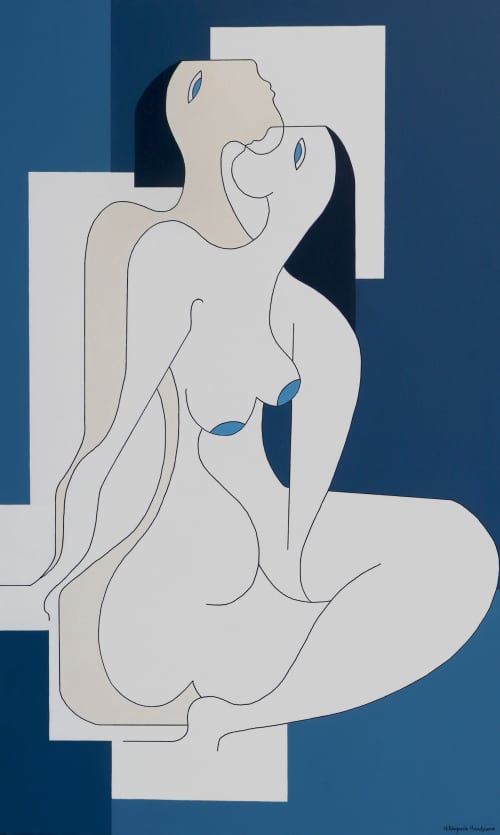 Relaxing Blues — Contemporary Minimalist Figurative Painting | Oil And Acrylic Painting in Paintings by Hildegarde Handsaeme. Item composed of canvas in minimalism or contemporary style