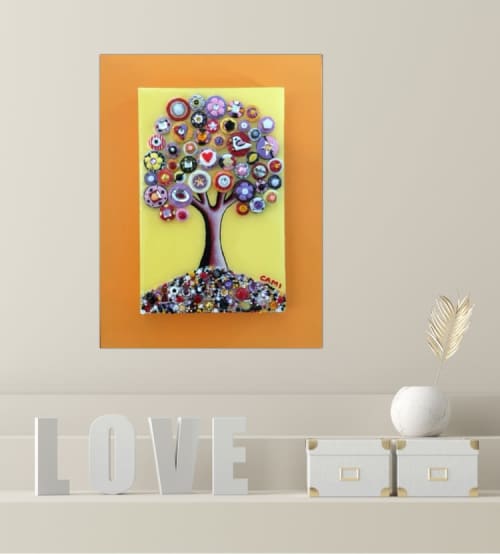 "Sunny and Warm" - 9x12x2" - Tree of Love Series | Mixed Media by Cami Levin. Item made of synthetic