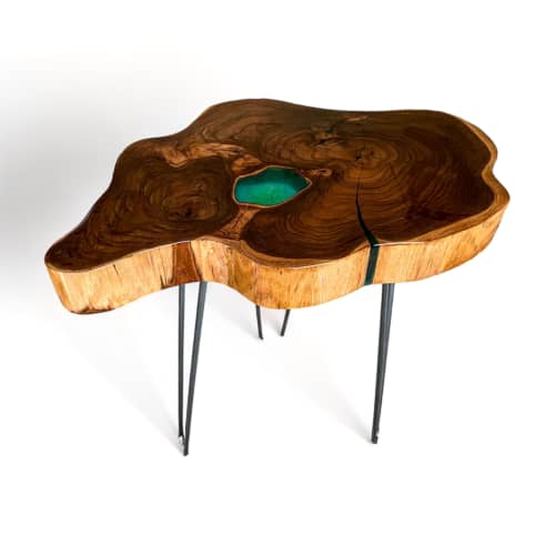 Resin + Teak Tropical Side Table With Iron Hairpin Legs | End Table in Tables by Marsden Designs. Item made of wood with metal works with boho & contemporary style