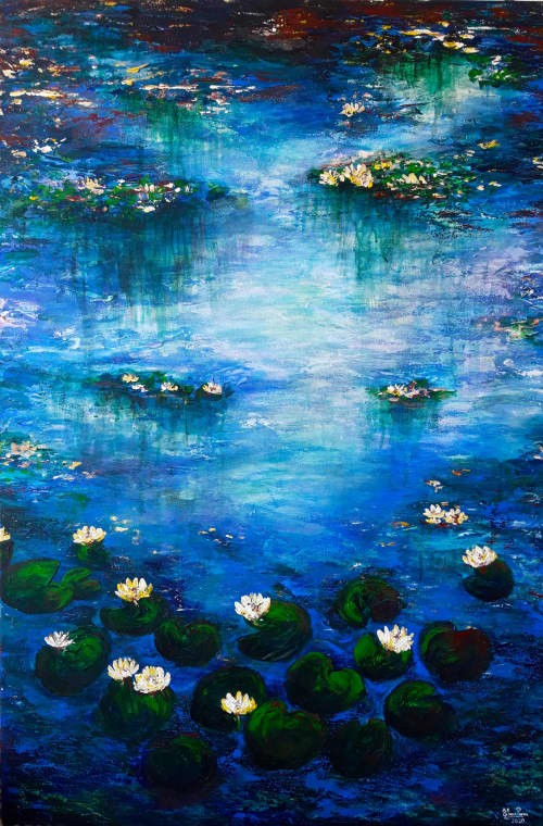 Water lily paradise | Oil And Acrylic Painting in Paintings by Elena Parau. Item made of canvas & synthetic compatible with contemporary and country & farmhouse style