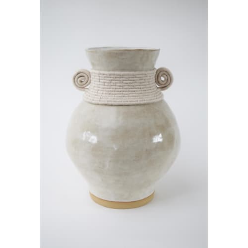 Handmade Ceramic Vase #796, Off White Glaze & Woven Cotton | Vases & Vessels by Karen Gayle Tinney. Item made of cotton with ceramic works with boho & minimalism style