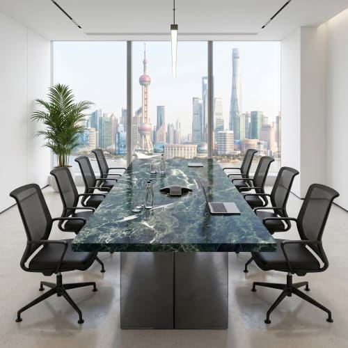 Song Dynasty Inspired Solid Natural Blue Marble Table/Desk | Communal Table in Tables by Dynasty Artisan. Item made of wood with marble works with minimalism & contemporary style