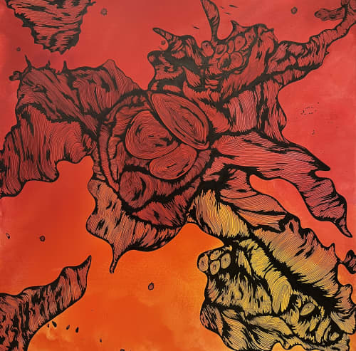 Red Spill | Oil And Acrylic Painting in Paintings by Catherine Détraves. Item composed of canvas in contemporary or eclectic & maximalism style
