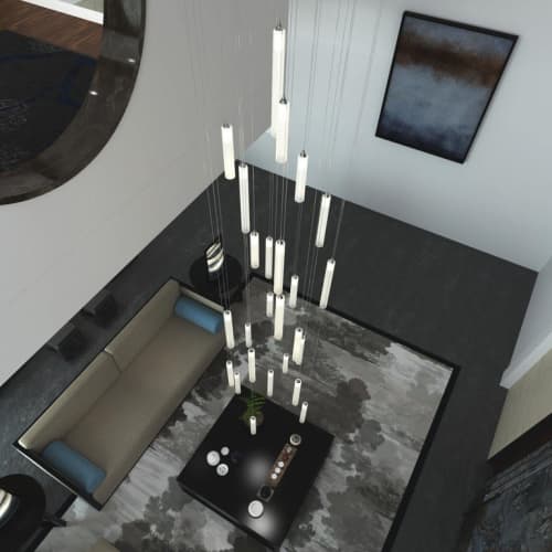 Rainfall Foyer Chandelier with 25 Frosted White Glass | Pendants by Galilee Lighting. Item made of metal with glass works with minimalism & modern style