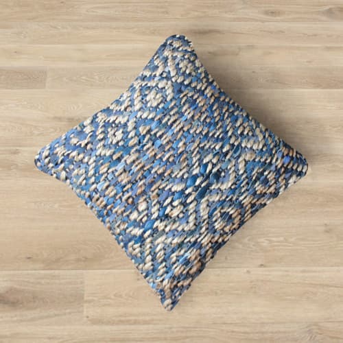 Set of 2-Handwoven Jute/leather Cushion-Natural/Blue | Pillows by Selligram. Item composed of cotton in mid century modern or japandi style