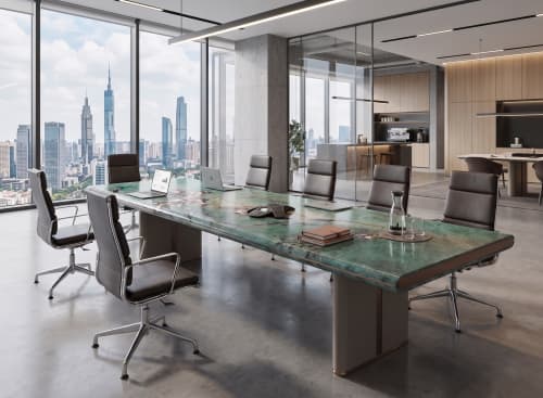 The Amazon Green Marble Executive Conference & Dining Desk | Conference Table in Tables by Dynasty Artisan. Item made of steel & marble compatible with contemporary and japandi style