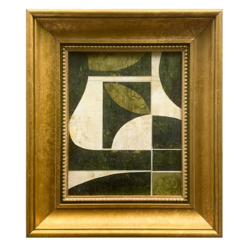 Green Mid-Century Modern Inspired Collage in Vintage Frame | Paintings by Suzanne Nicoll Studio. Item made of wood works with minimalism & mid century modern style