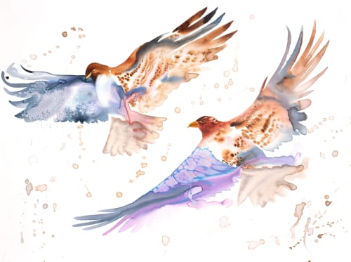 Hawks in Flight : Original Watercolor Painting on Canvas | Paintings by Elizabeth Becker. Item made of canvas compatible with minimalism and contemporary style