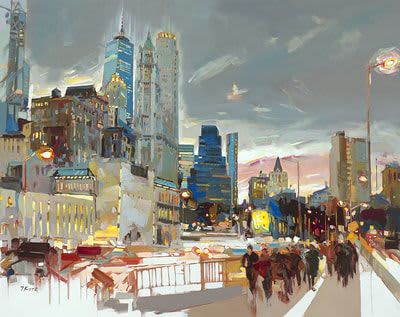 Josef Kote "Skyline At Night" | Oil And Acrylic Painting in Paintings by YJ Contemporary Fine Art. Item made of canvas