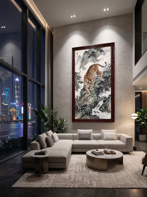 Hand-Painted Silk Tiger Mountain Landscape Wall Art | Oil And Acrylic Painting in Paintings by Dynasty Artisan. Item composed of wood and fabric in contemporary or eclectic & maximalism style