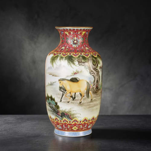Qing Qianlong Famille Rose Sgraffito Panoramic Steeds Vase | Vases & Vessels by Dynasty Artisan. Item composed of ceramic compatible with contemporary and eclectic & maximalism style