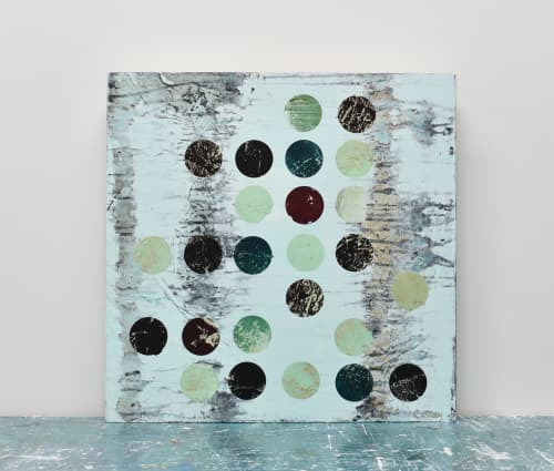 Oil Rings Mixed Media Painting on Wood Panel | Mixed Media by Lisa Carney. Item composed of wood and paper in boho or mid century modern style