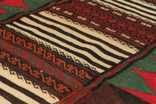 Vintage Afghan Kilim with Polychromatic Geometric Patterns | Area Rug in Rugs by Rug and Kilim. Item made of wool