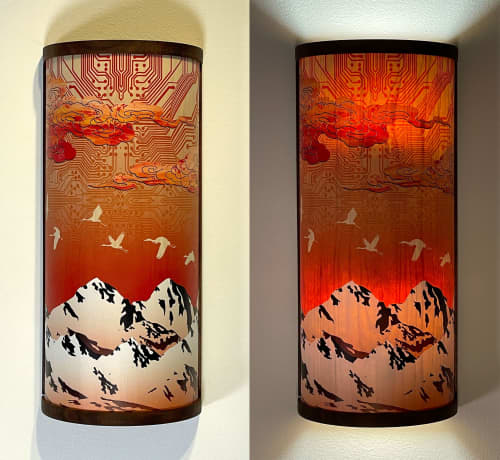 orange mtn sconce | Sconces by Mad King Productions. Item made of maple wood works with contemporary & art deco style