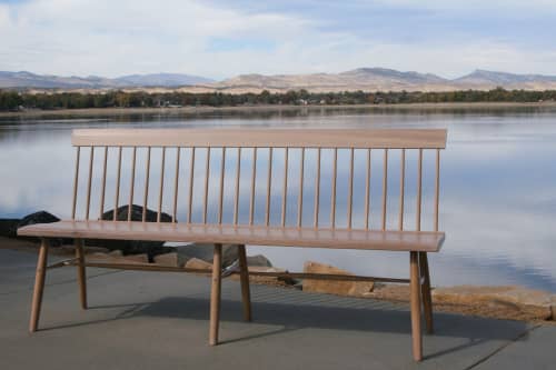 72" White Oak Spindle Back Bench With White-Washed Finish | Benches & Ottomans by Miikana Woodworking. Item composed of oak wood