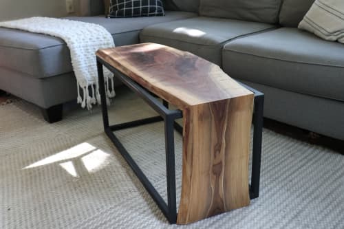 Live-Edge Walnut Waterfall Bench Coffee Table (in stock) | Tables by Hazel Oak Farms. Item composed of walnut and steel