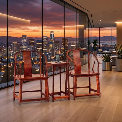 Legacy Minimalist Ming Scholar Horseshoe Armchair Trio Set | Chairs by Dynasty Artisan. Item composed of wood in minimalism or contemporary style