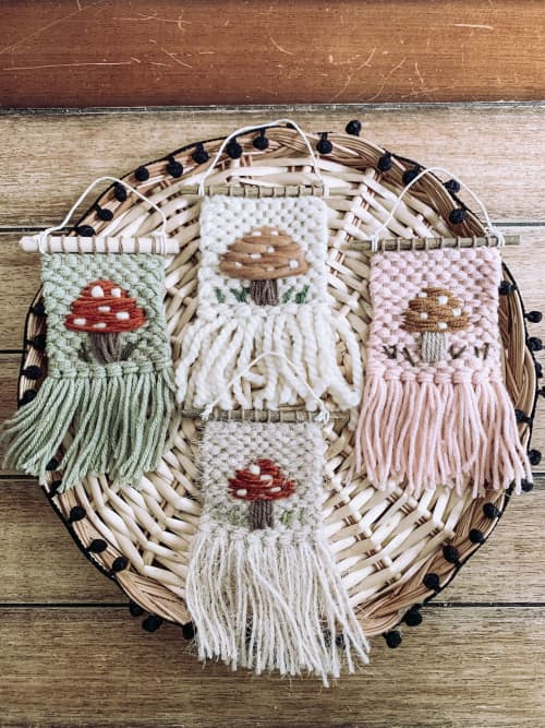 Mini Woven Wall Hanging Decor - Mushroom Embroidery | Macrame Wall Hanging in Wall Hangings by Hippie & Fringe. Item composed of fiber compatible with boho style