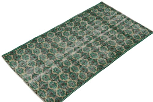 1960s Vintage Distressed Rug in Teal Green Lattice Patterns | Area Rug in Rugs by Rug and Kilim