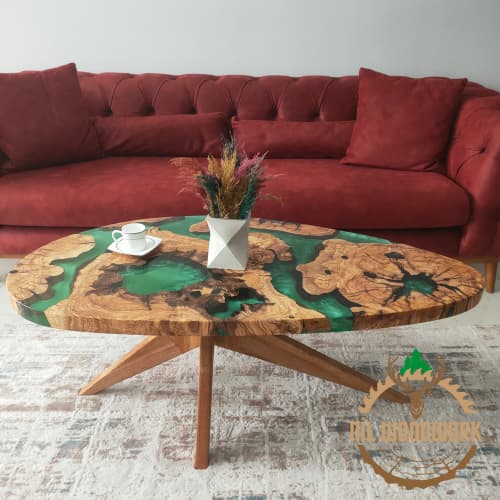 Personally Designed Resin Coffee Table Made of Olive Wood | Tables by Nil Woodwork. Item composed of oak wood in industrial or mediterranean style