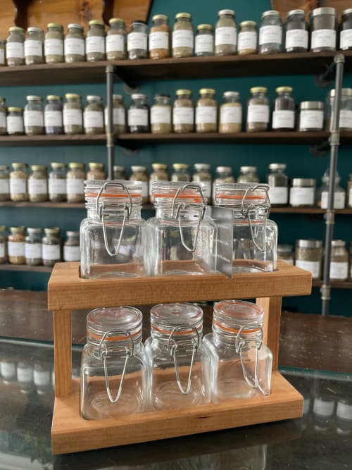 "Porter" Spice Rack w/ 6 Glass Jars - in American Cherry | Storage by Sterling Woodcrafts. Item made of wood & glass compatible with contemporary and japandi style