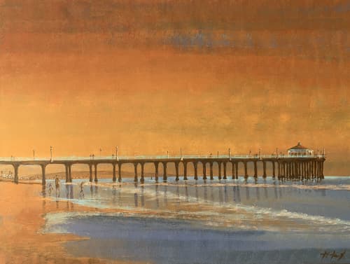 Golden Manhattan Beach Pier Memories | Oil And Acrylic Painting in Paintings by Kathleen Keifer. Item made of canvas with synthetic