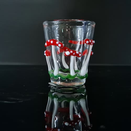 Amanita Mushroom Shot Glass | Drinkware by Sunshine Glass Gifts. Item composed of glass & synthetic compatible with boho and eclectic & maximalism style