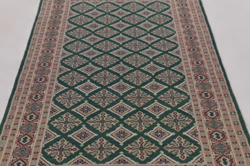 Vintage Bokhara Rug in Forest Green with Pink Geometric | Area Rug in Rugs by Rug and Kilim