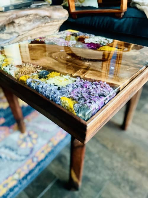 Floral Resin Side Table | Tables by DapperwoodSF. Item composed of walnut compatible with boho and mid century modern style
