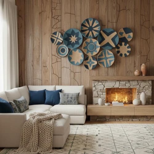 Natural Blue Baskets for Boho Wall Decor | Decorative Plate in Decorative Objects by Sarmal Design. Item composed of bamboo and cotton in boho or contemporary style