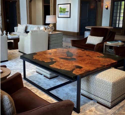 Resin + Maple Burl Coffee Table With Custom Welded Iron Base | Tables by Marsden Designs. Item made of maple wood with metal works with boho & contemporary style