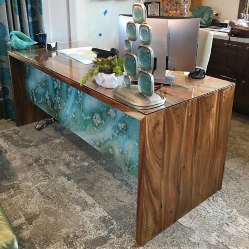 Monkey Pod Desk with custom Italian Glass Panels | Tables by Kini Ziegner | Ewa Beach, HI in Ewa Beach