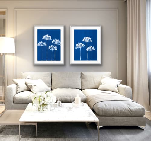 Seven Agapanthus Flowers Diptych: PAIR of 30 x 22" monotypes | Photography by Christine So. Item composed of paper compatible with boho and country & farmhouse style