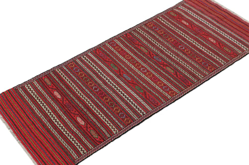 Vintage Baluch Kilim Runner with Red Stripes & Tribal Motifs | Area Rug in Rugs by Rug and Kilim