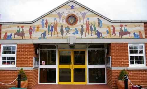West Leigh Junior School Entrance Apex Freize | Public Mosaics by Paul Siggins - The Mosaic Studio | West Leigh Junior School in Southend-on-Sea. Item made of cement