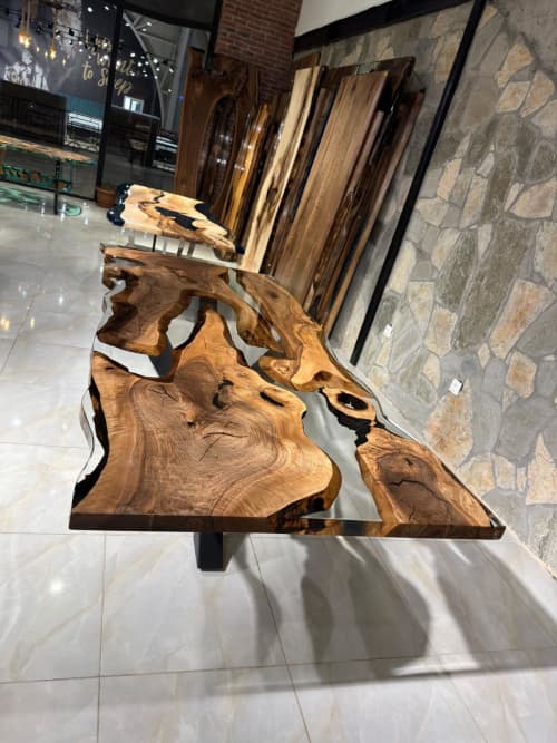 Custom Epoxy Resin River Table, Walnut Wood Dining Table | Tables by Gül Natural Furniture. Item made of walnut with synthetic works with minimalism & mid century modern style