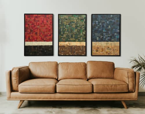 RGB, paper collage triptych on masonite | Mixed Media by Glen Gauthier
