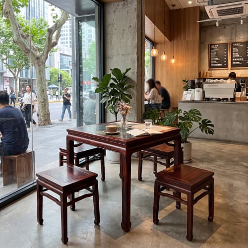 Ming Royal Crimson Flamewood Marble Table & 4 Stools Set | Dining Table in Tables by Dynasty Artisan. Item composed of wood compatible with contemporary and eclectic & maximalism style