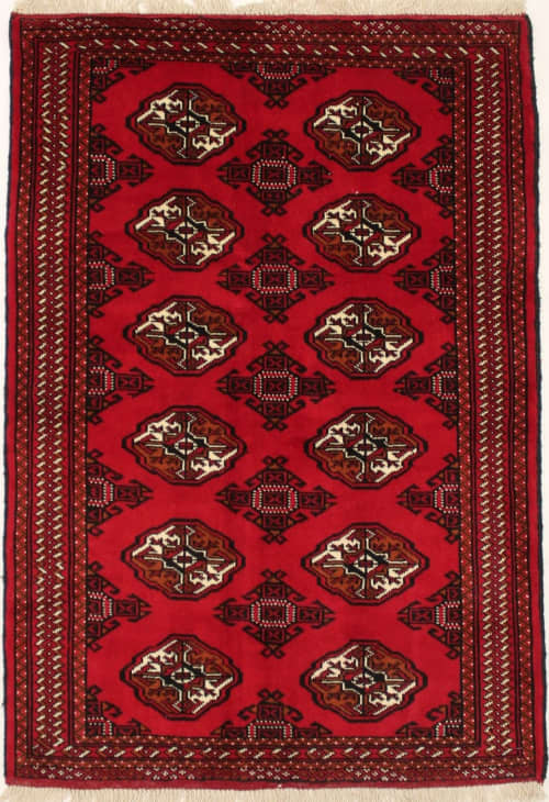 Red Tribal 3' x 5' Turkoman Ghoochan Persian Rug | Small Rug in Rugs by Magic Rugs. Item composed of cotton