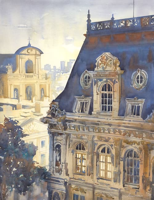 Hotel de Ville | Watercolor Painting in Paintings by Ana Carolina Mönnaco. Item made of paper works with contemporary & traditional style