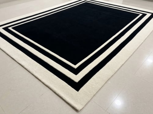 Black & Ivory Border Geometric Hand Tufted Wool Rug | Area Rug in Rugs by Krafcreation. Item made of cotton works with minimalism & contemporary style
