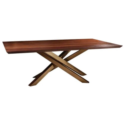 Solid Walnut Dining Table with Criss Cross Golden Metal Base | Tables by Aeterna Furniture. Item made of walnut