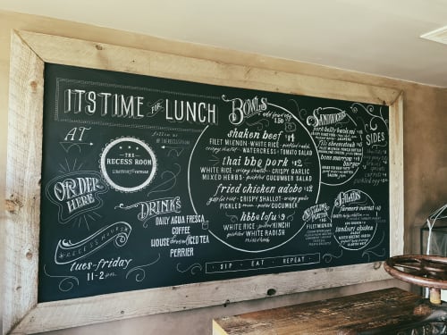 The Recess Room Menu | Murals by Paper Cliché | The Recess Room in Fountain Valley. Item composed of wood