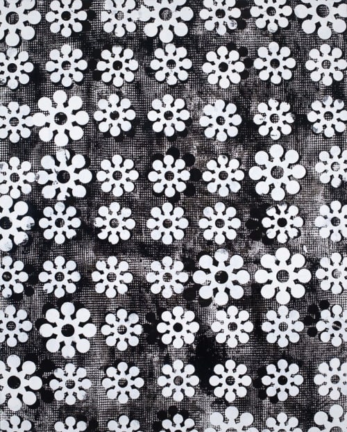 Black and White floral/industrial patterns. Shadows on textured background. Shiny enamel, matte oil paint | Oil And Acrylic Painting in Paintings by Margaret Lanzetta. Item composed of canvas & synthetic