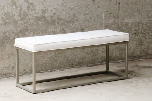 Tufted Upholstery Bench with Gold Metal | Benches & Ottomans by Hazel Oak Farms. Item composed of fabric and metal